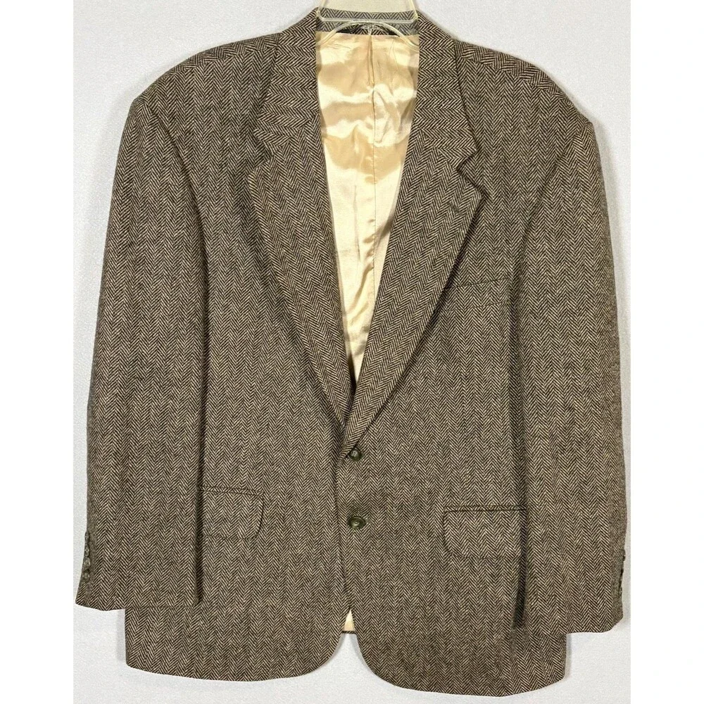 Vtg Lands End Blazer Mens 44S Brown Herringbone Wool Lambswool Made In USA
